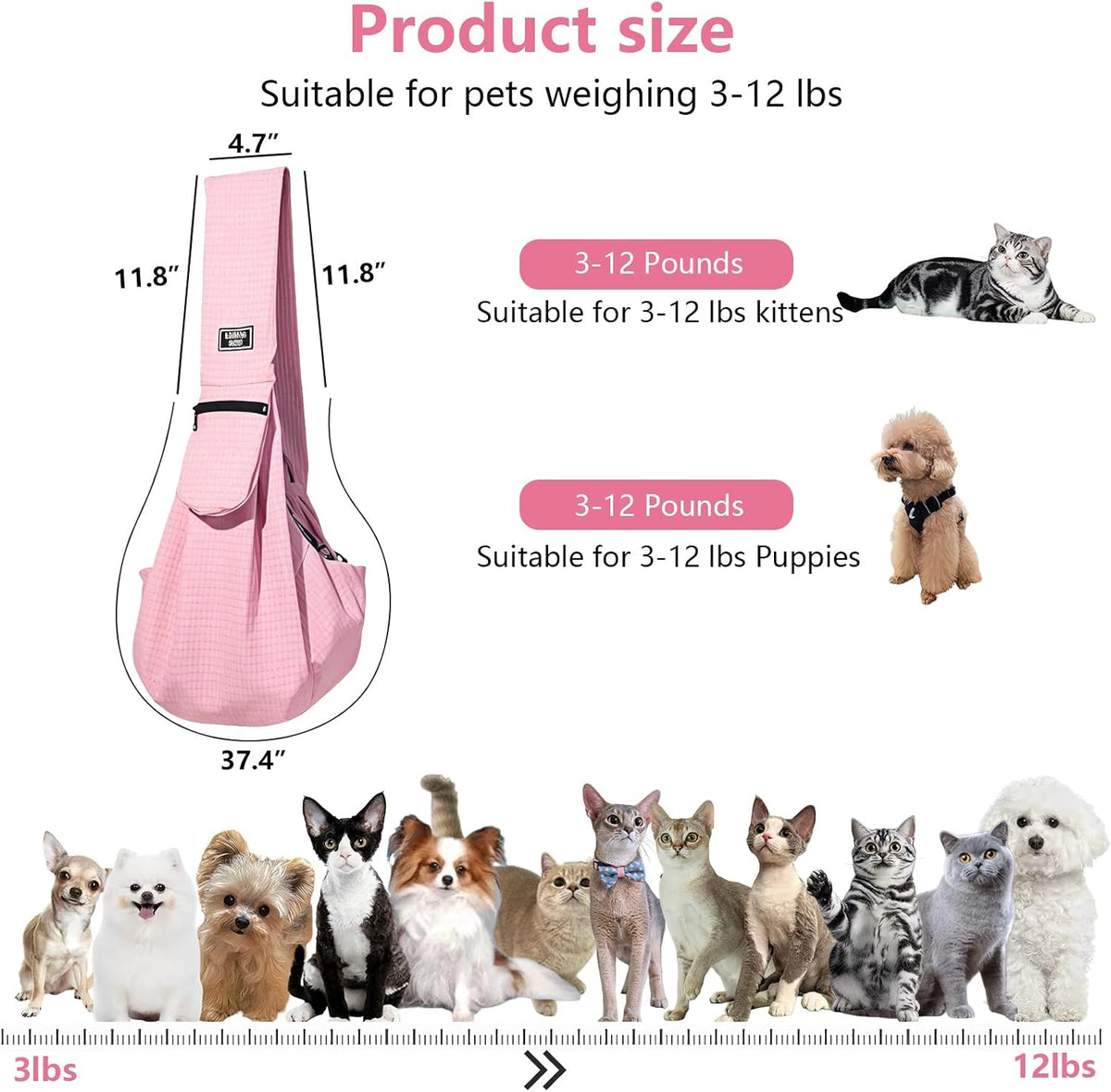 Dog Sling Water-Resistant Fabric for Small Dogs Cats 3-12 lbs,Pink