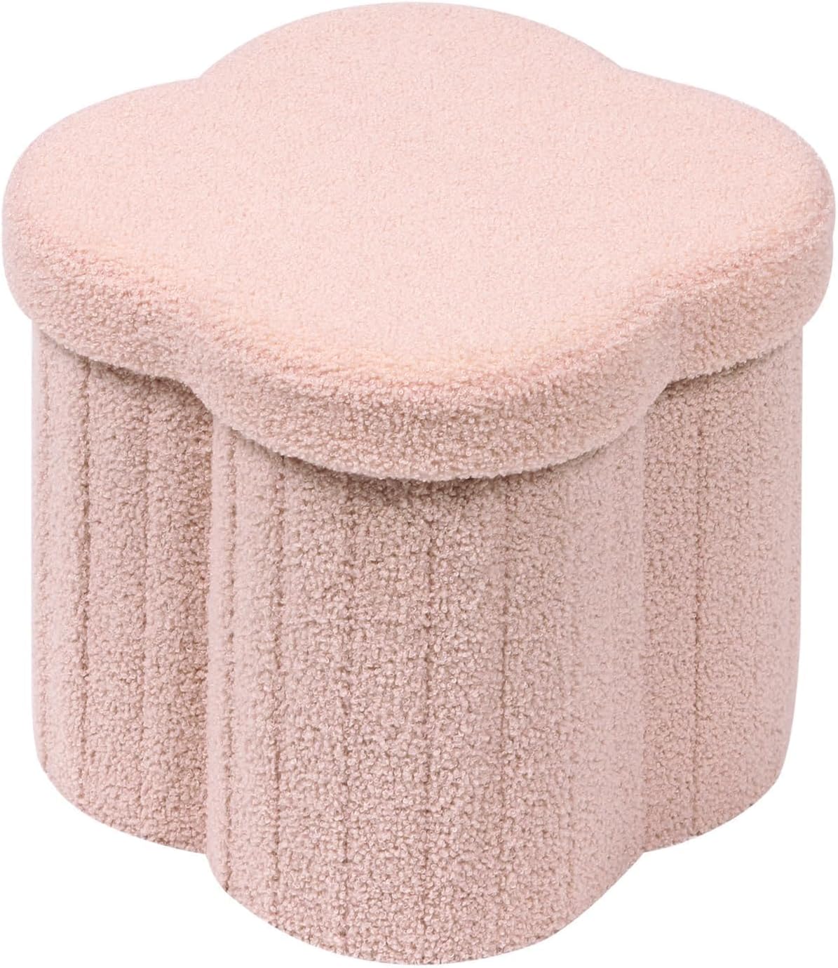 Storage Ottoman Cube, Flowers Shaped Ottomans with Storage Foot Stool Footrest for Lving Room, Boucle Ottoman Seat for Dorm Room,Faux Teddy Fur, Pink 12.6"x12.6"x12.6"