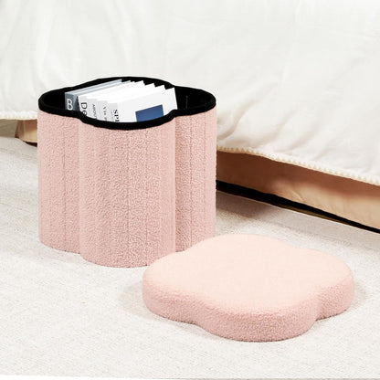 Storage Ottoman Cube, Flowers Shaped Ottomans with Storage Foot Stool Footrest for Lving Room, Boucle Ottoman Seat for Dorm Room,Faux Teddy Fur, Pink 12.6"x12.6"x12.6"