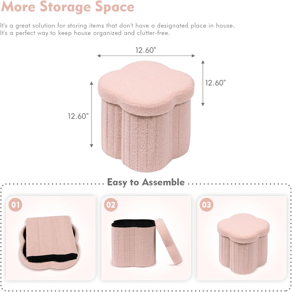 Storage Ottoman Cube, Flowers Shaped Ottomans with Storage Foot Stool Footrest for Lving Room, Boucle Ottoman Seat for Dorm Room,Faux Teddy Fur, Pink 12.6"x12.6"x12.6"