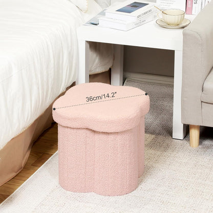 Storage Ottoman Cube, Flowers Shaped Ottomans with Storage Foot Stool Footrest for Lving Room, Boucle Ottoman Seat for Dorm Room,Faux Teddy Fur, Pink 12.6"x12.6"x12.6"