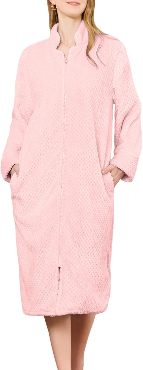 Zipper Robes for Women, Long Fleece Zip Up Bathrobe with Pockets