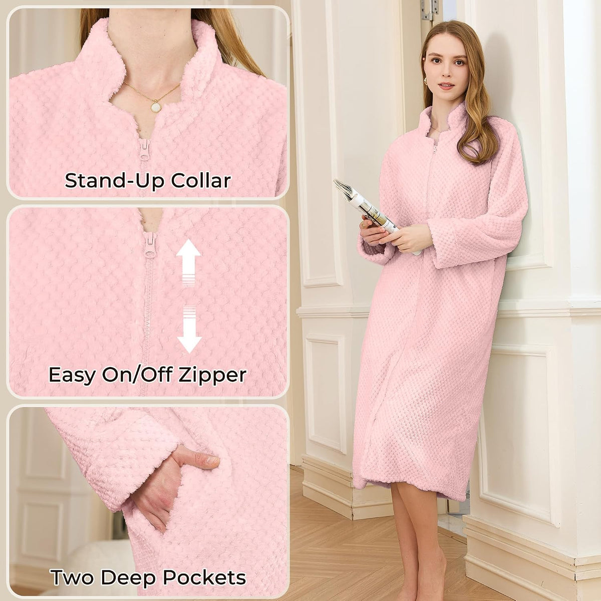 Zipper Robes for Women, Long Fleece Zip Up Bathrobe with Pockets