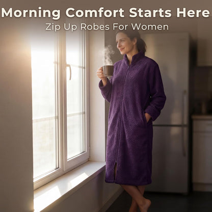 Zipper Robes for Women, Long Fleece Zip Up Bathrobe with Pockets