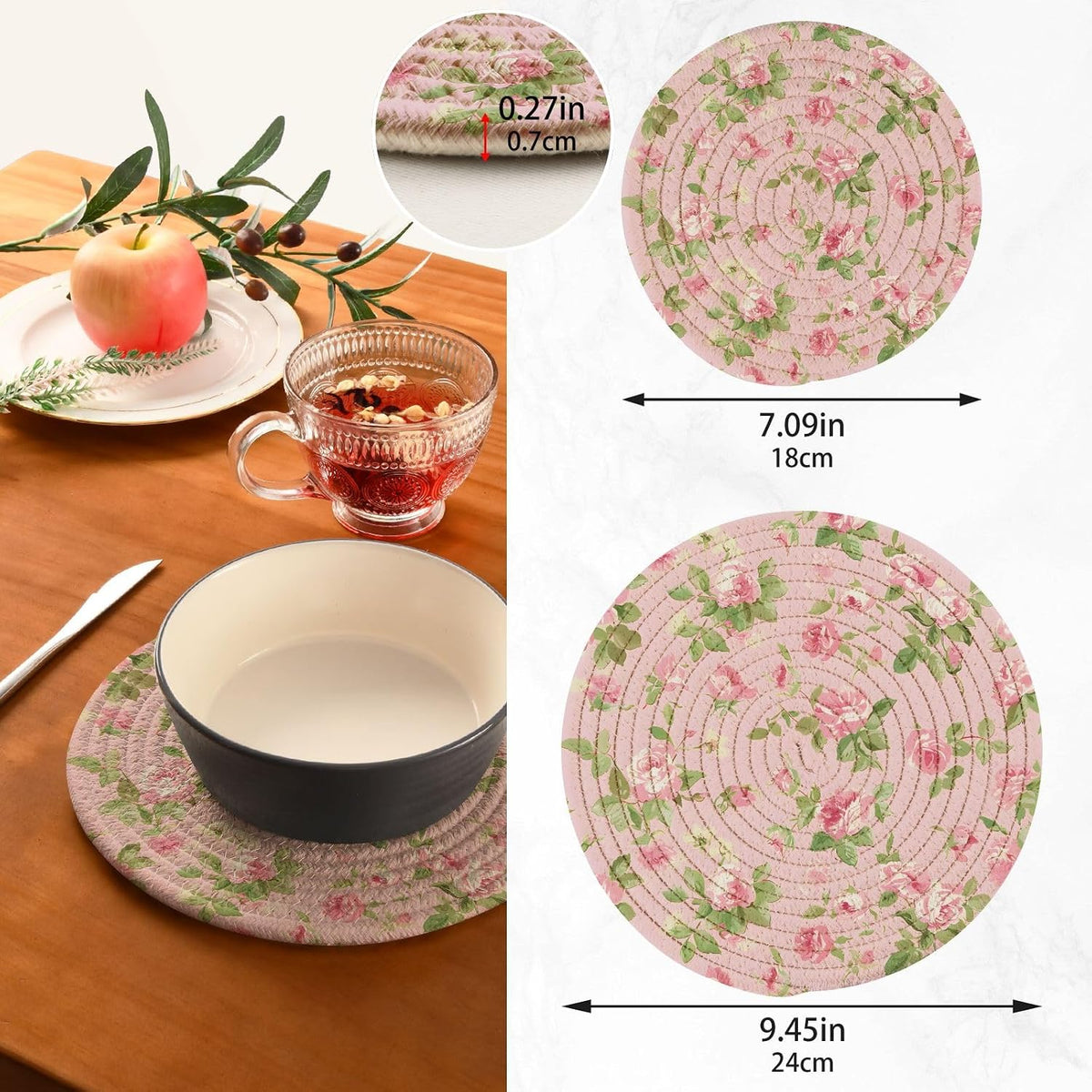Pink Rose Pattern Pot Holders Trivets Set 2 Pcs Cotton Hot Potholders Hot Pad for Cooking