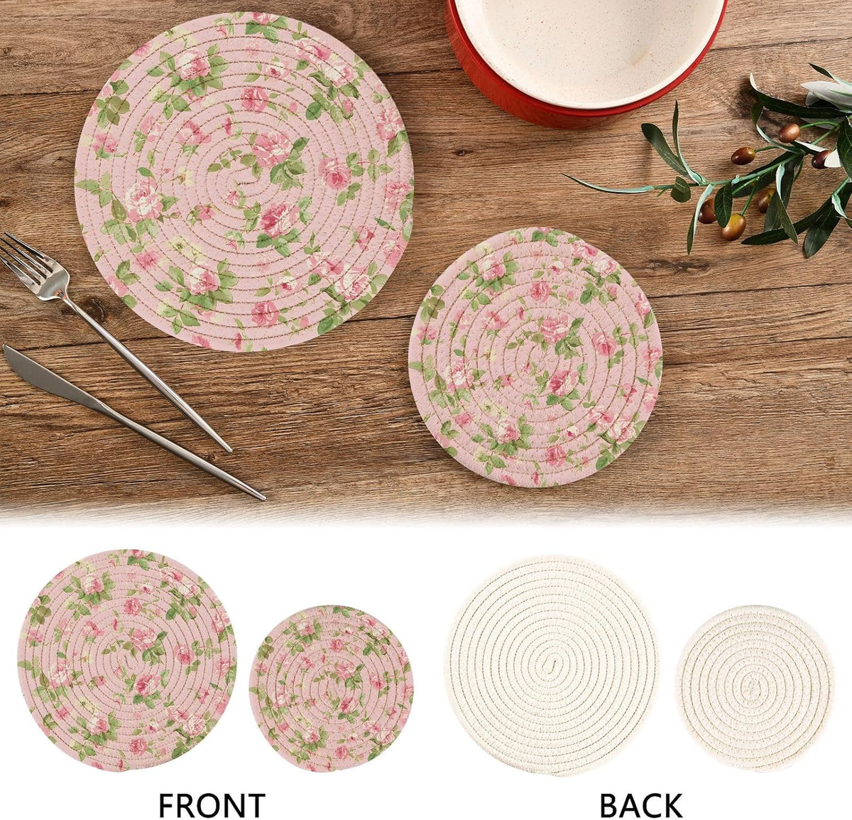 Pink Rose Pattern Pot Holders Trivets Set 2 Pcs Cotton Hot Potholders Hot Pad for Cooking