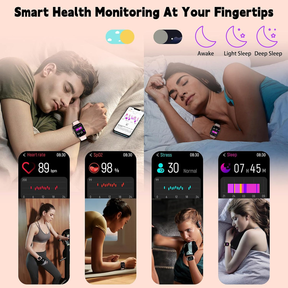 Smart Watch for Women Men(Answer/Make Call), Smartwatches with Heart Rate/SpO2/Sleep/Stress Monitor, IP68 Waterproof Activity Tracker for Android iPhone, 100+ Sports Fitness Watches (Pink, 1.85“)