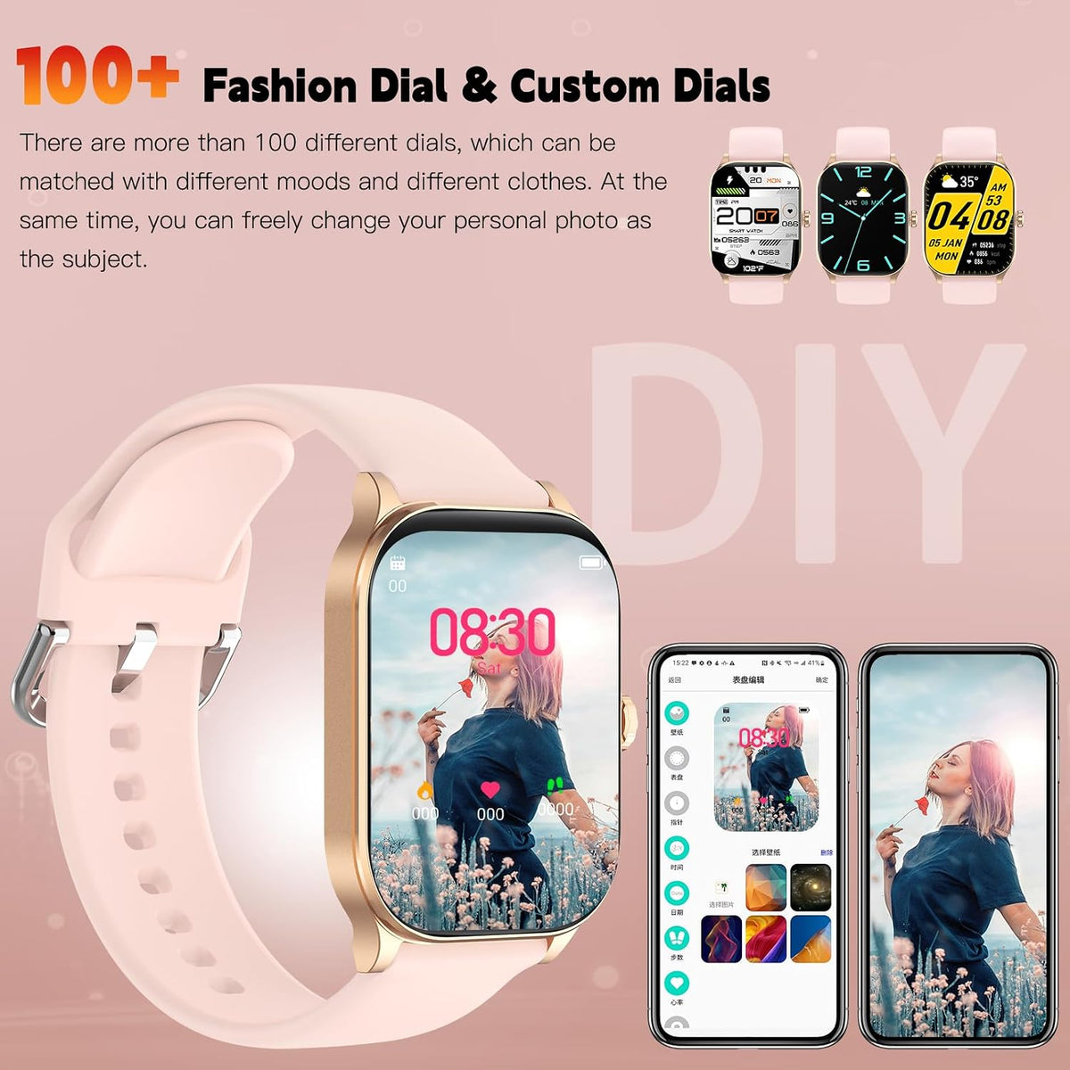 Smart Watch for Women Men(Answer/Make Call), Smartwatches with Heart Rate/SpO2/Sleep/Stress Monitor, IP68 Waterproof Activity Tracker for Android iPhone, 100+ Sports Fitness Watches (Pink, 1.85“)