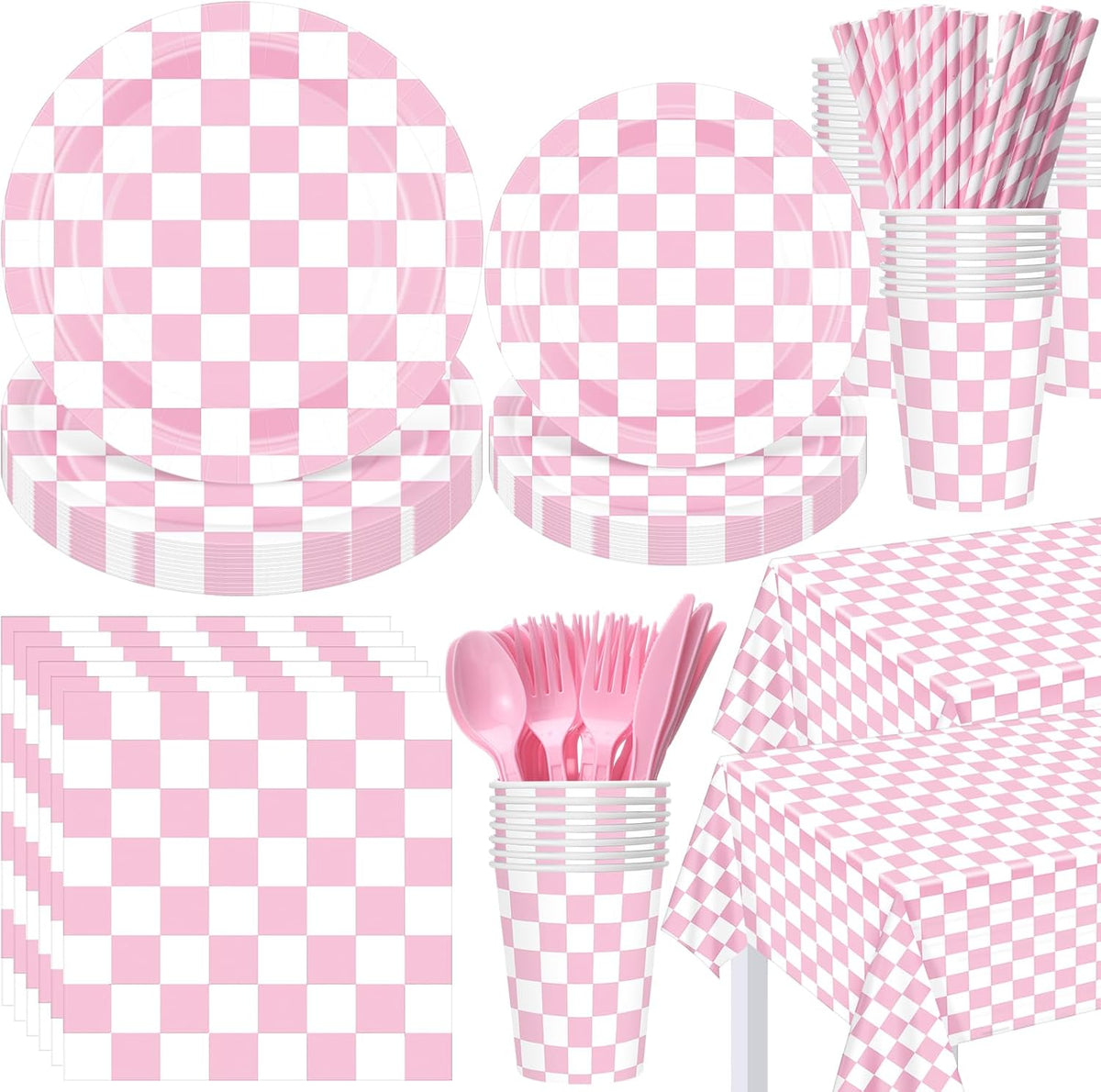 452 Pcs Light Pink and White Gingham Party Supplies for 50, Pink Checkered Gingham Paper Plates Napkins Cups Tablecloth Cutlery Straws for Picnic Camping Birthday Baby Shower Decoration