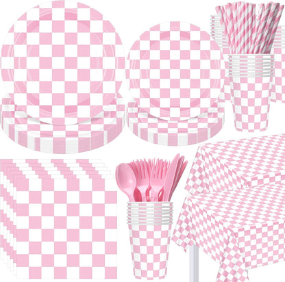 452 Pcs Light Pink and White Gingham Party Supplies for 50, Pink Checkered Gingham Paper Plates Napkins Cups Tablecloth Cutlery Straws for Picnic Camping Birthday Baby Shower Decoration