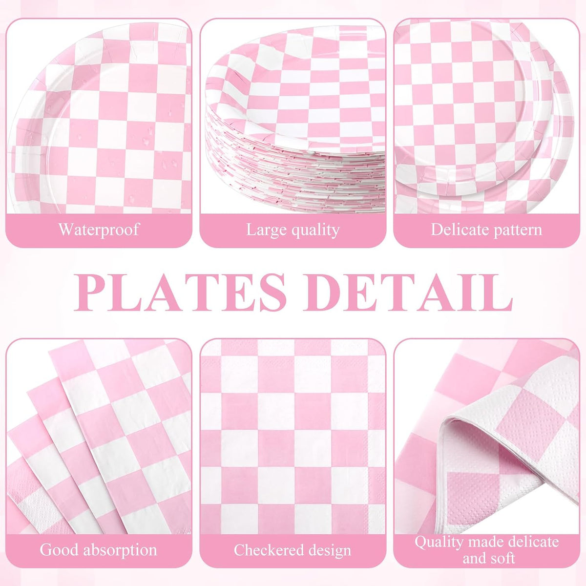 452 Pcs Light Pink and White Gingham Party Supplies for 50, Pink Checkered Gingham Paper Plates Napkins Cups Tablecloth Cutlery Straws for Picnic Camping Birthday Baby Shower Decoration