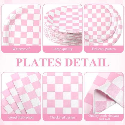 452 Pcs Light Pink and White Gingham Party Supplies for 50, Pink Checkered Gingham Paper Plates Napkins Cups Tablecloth Cutlery Straws for Picnic Camping Birthday Baby Shower Decoration