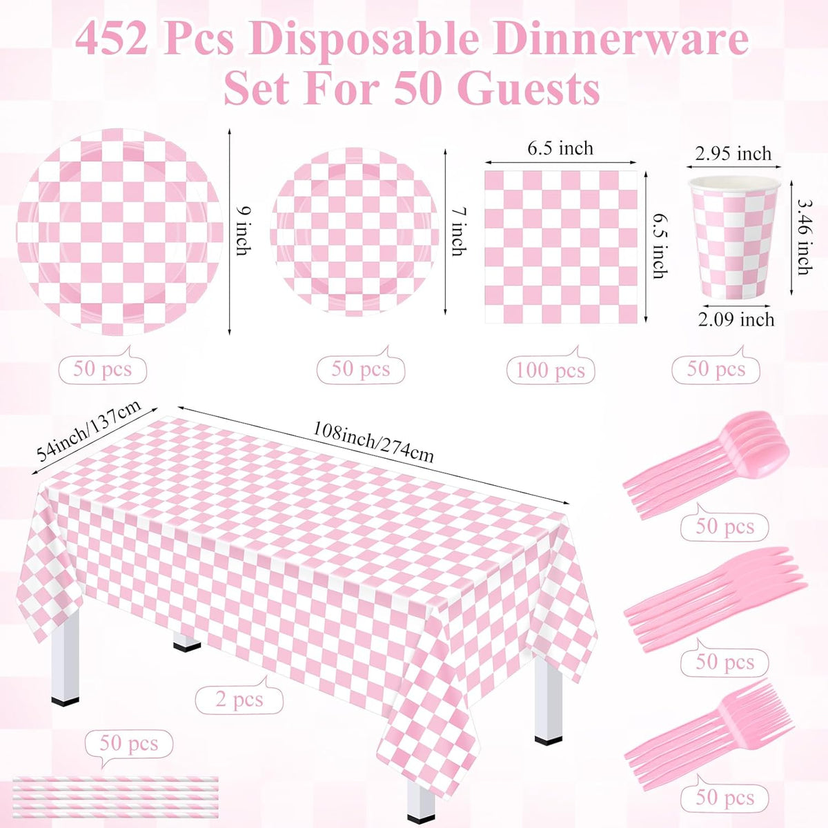 452 Pcs Light Pink and White Gingham Party Supplies for 50, Pink Checkered Gingham Paper Plates Napkins Cups Tablecloth Cutlery Straws for Picnic Camping Birthday Baby Shower Decoration