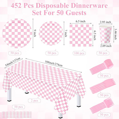 452 Pcs Light Pink and White Gingham Party Supplies for 50, Pink Checkered Gingham Paper Plates Napkins Cups Tablecloth Cutlery Straws for Picnic Camping Birthday Baby Shower Decoration