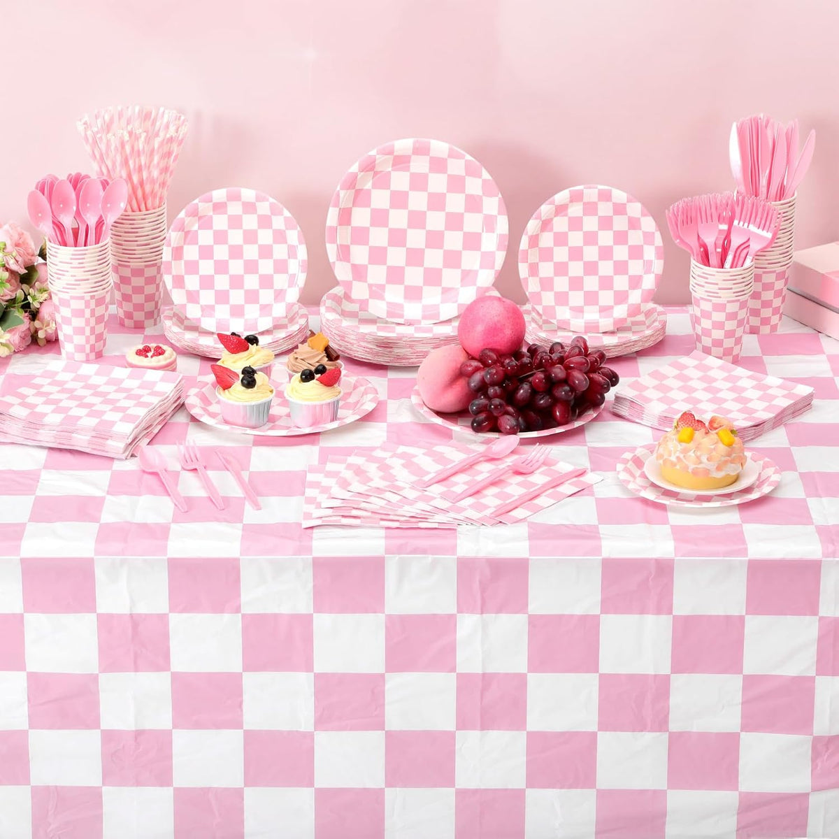 452 Pcs Light Pink and White Gingham Party Supplies for 50, Pink Checkered Gingham Paper Plates Napkins Cups Tablecloth Cutlery Straws for Picnic Camping Birthday Baby Shower Decoration