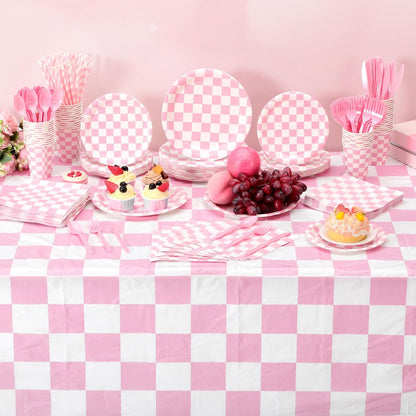 452 Pcs Light Pink and White Gingham Party Supplies for 50, Pink Checkered Gingham Paper Plates Napkins Cups Tablecloth Cutlery Straws for Picnic Camping Birthday Baby Shower Decoration