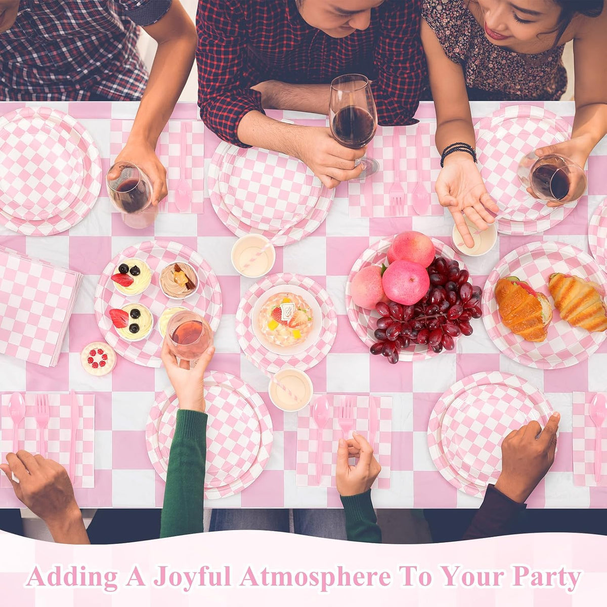 452 Pcs Light Pink and White Gingham Party Supplies for 50, Pink Checkered Gingham Paper Plates Napkins Cups Tablecloth Cutlery Straws for Picnic Camping Birthday Baby Shower Decoration