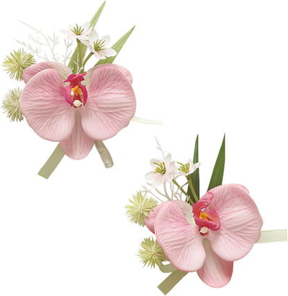 Wrist Corsage and Boutonniere Set, Artificial Orchid Flowers Corsage Wristlet Boutonniere for Men Wedding Prom Suit Decorations (Pink)