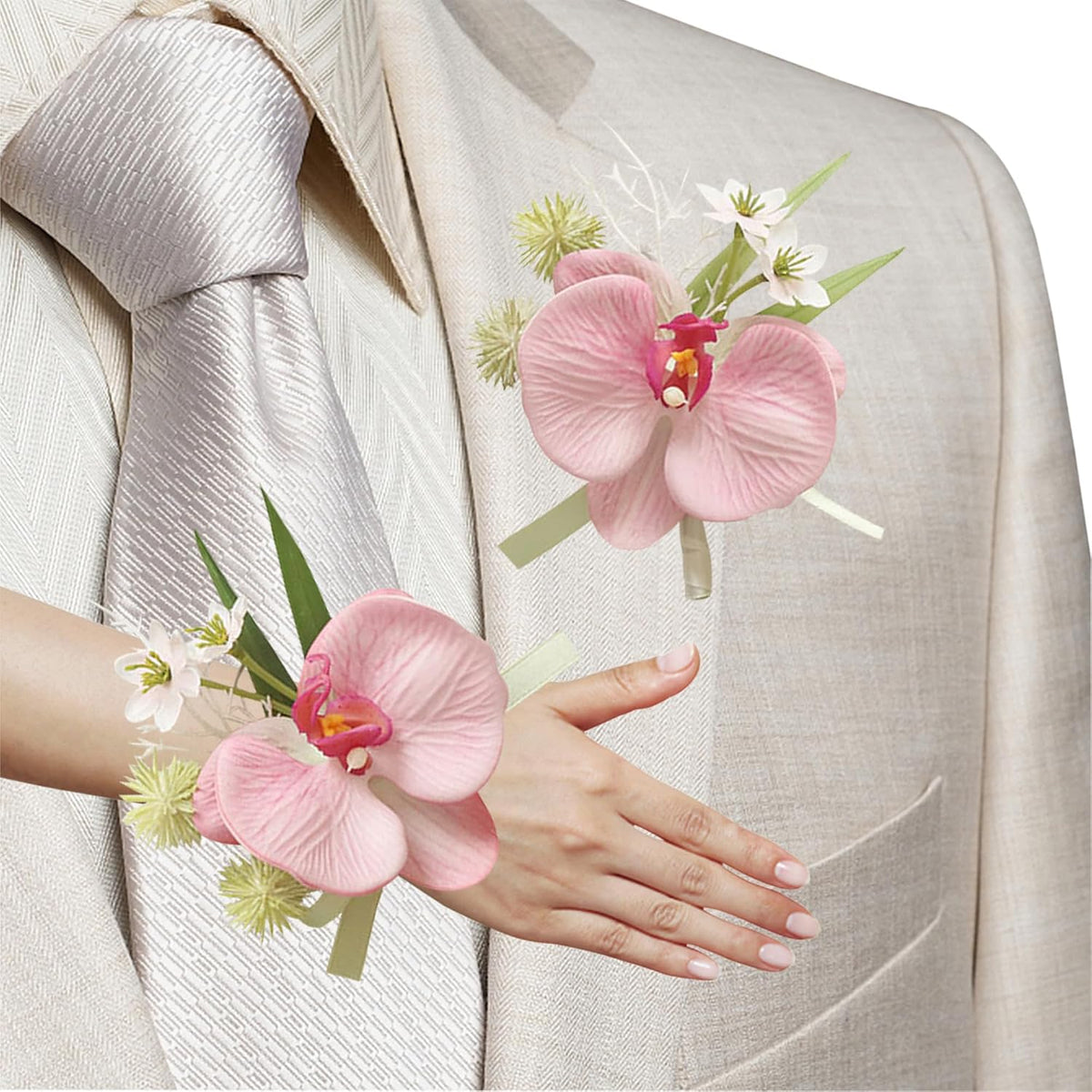Wrist Corsage and Boutonniere Set, Artificial Orchid Flowers Corsage Wristlet Boutonniere for Men Wedding Prom Suit Decorations (Pink)