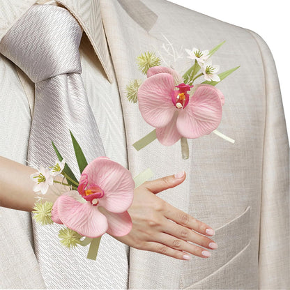 Wrist Corsage and Boutonniere Set, Artificial Orchid Flowers Corsage Wristlet Boutonniere for Men Wedding Prom Suit Decorations (Pink)