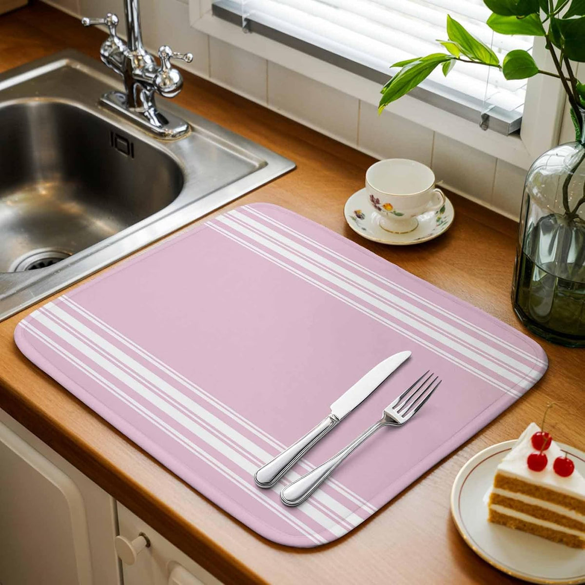 Dish Drying Mat Pink Stripes Kitchen Counter Drying Pad for Dishes Glasses Cups and Cookware French Stripe Farmhouse Style Absorbent Dish Drying Mat Machine Washable Kitchen Accessories 16" x 18"