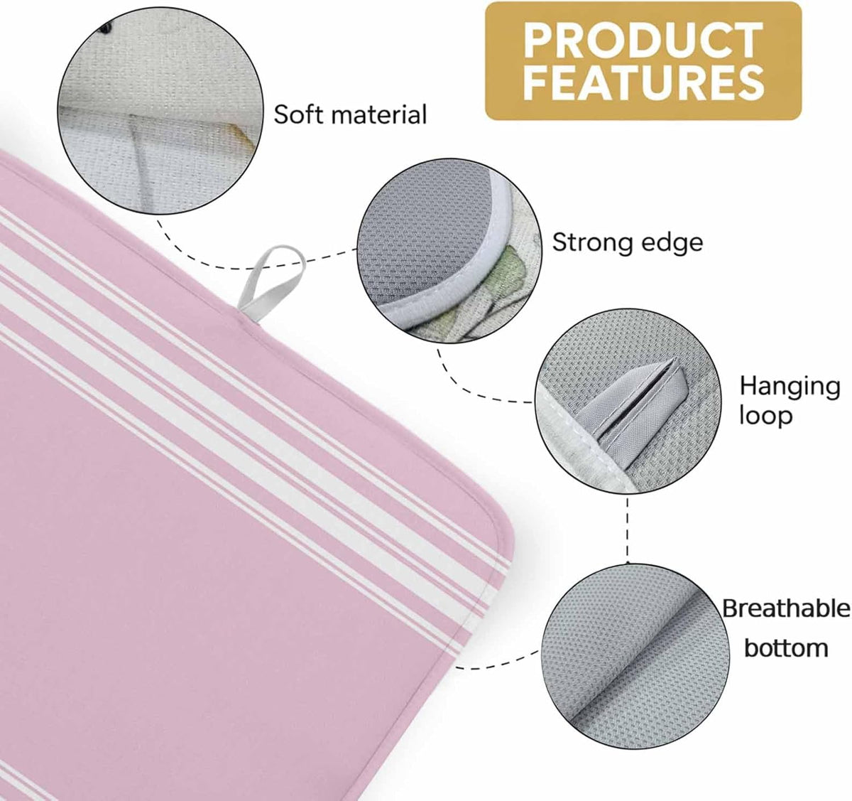 Dish Drying Mat Pink Stripes Kitchen Counter Drying Pad for Dishes Glasses Cups and Cookware French Stripe Farmhouse Style Absorbent Dish Drying Mat Machine Washable Kitchen Accessories 16" x 18"