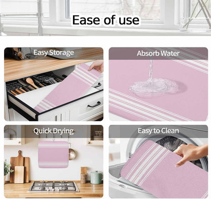 Dish Drying Mat Pink Stripes Kitchen Counter Drying Pad for Dishes Glasses Cups and Cookware French Stripe Farmhouse Style Absorbent Dish Drying Mat Machine Washable Kitchen Accessories 16" x 18"