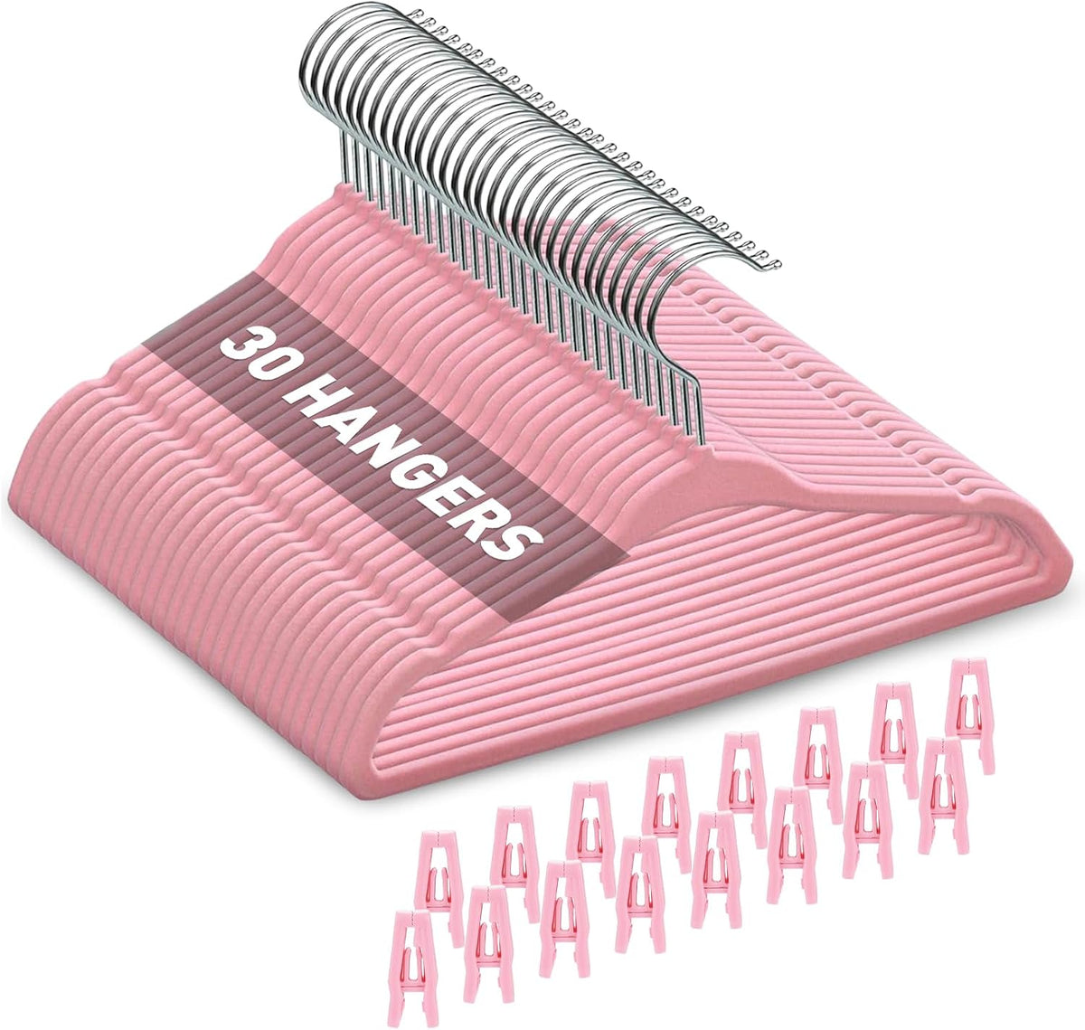 Velvet Baby Hangers with Clips (30 Pack) | 11” Ultra-Slim Baby Clothes Hangers | Non-Slip Felt | Space-Saving Nursery & Infant Closet Organizer | Pink