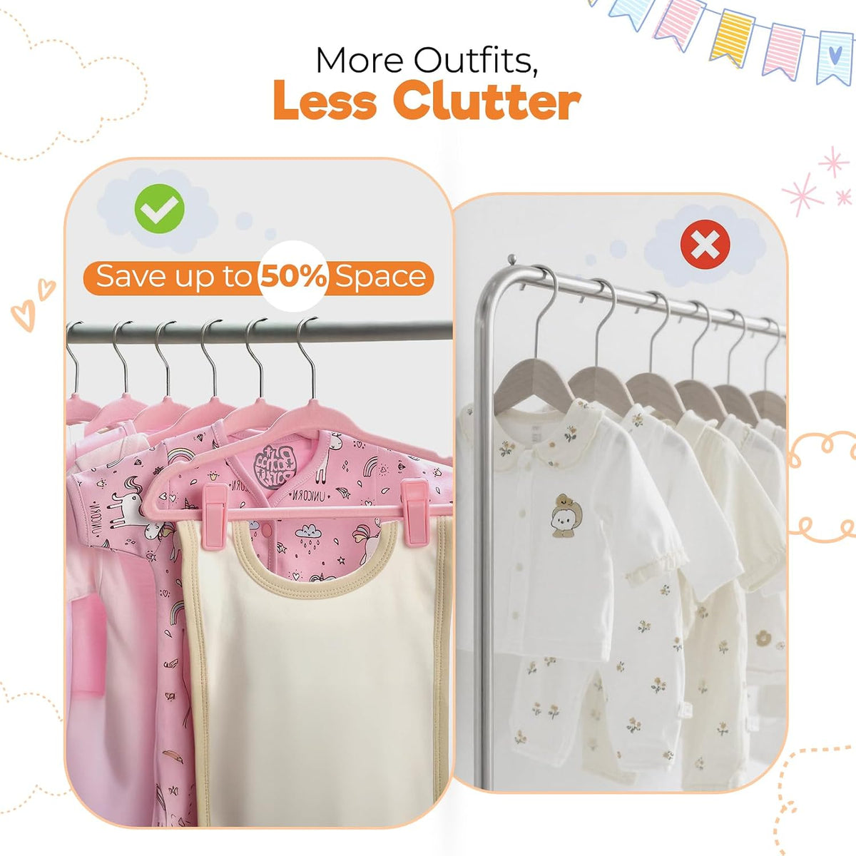 Velvet Baby Hangers with Clips (30 Pack) | 11” Ultra-Slim Baby Clothes Hangers | Non-Slip Felt | Space-Saving Nursery & Infant Closet Organizer | Pink