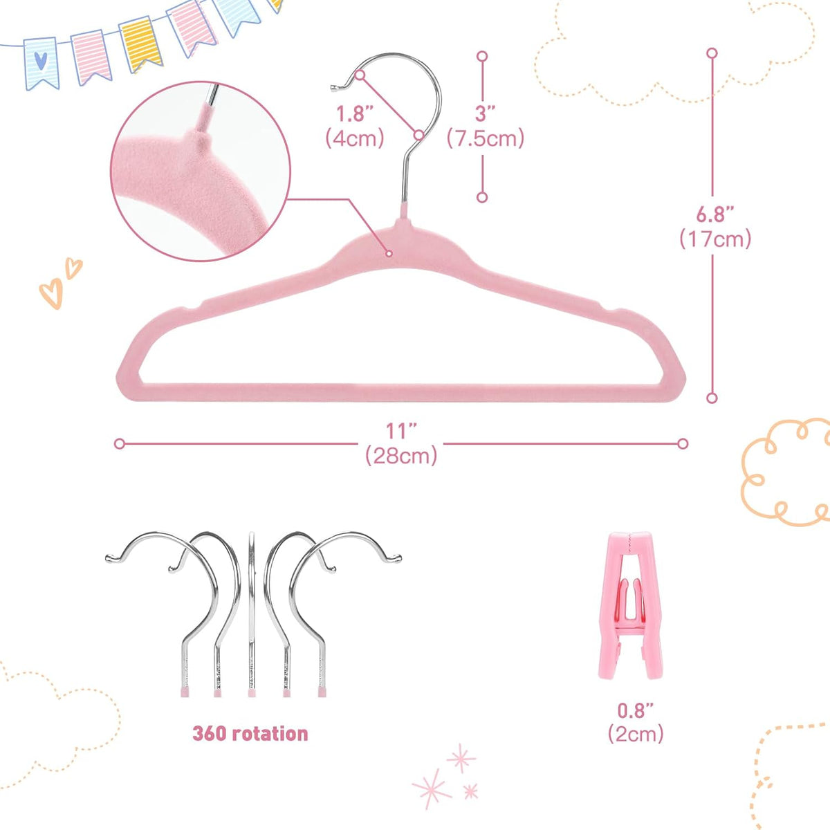 Velvet Baby Hangers with Clips (30 Pack) | 11” Ultra-Slim Baby Clothes Hangers | Non-Slip Felt | Space-Saving Nursery & Infant Closet Organizer | Pink
