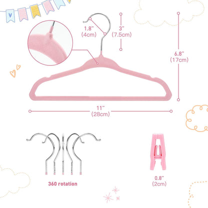 Velvet Baby Hangers with Clips (30 Pack) | 11” Ultra-Slim Baby Clothes Hangers | Non-Slip Felt | Space-Saving Nursery & Infant Closet Organizer | Pink
