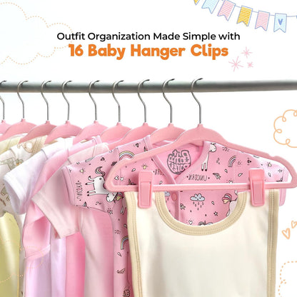 Velvet Baby Hangers with Clips (30 Pack) | 11” Ultra-Slim Baby Clothes Hangers | Non-Slip Felt | Space-Saving Nursery & Infant Closet Organizer | Pink