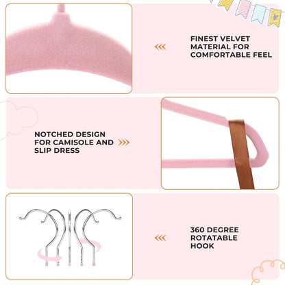 Velvet Baby Hangers with Clips (30 Pack) | 11” Ultra-Slim Baby Clothes Hangers | Non-Slip Felt | Space-Saving Nursery & Infant Closet Organizer | Pink