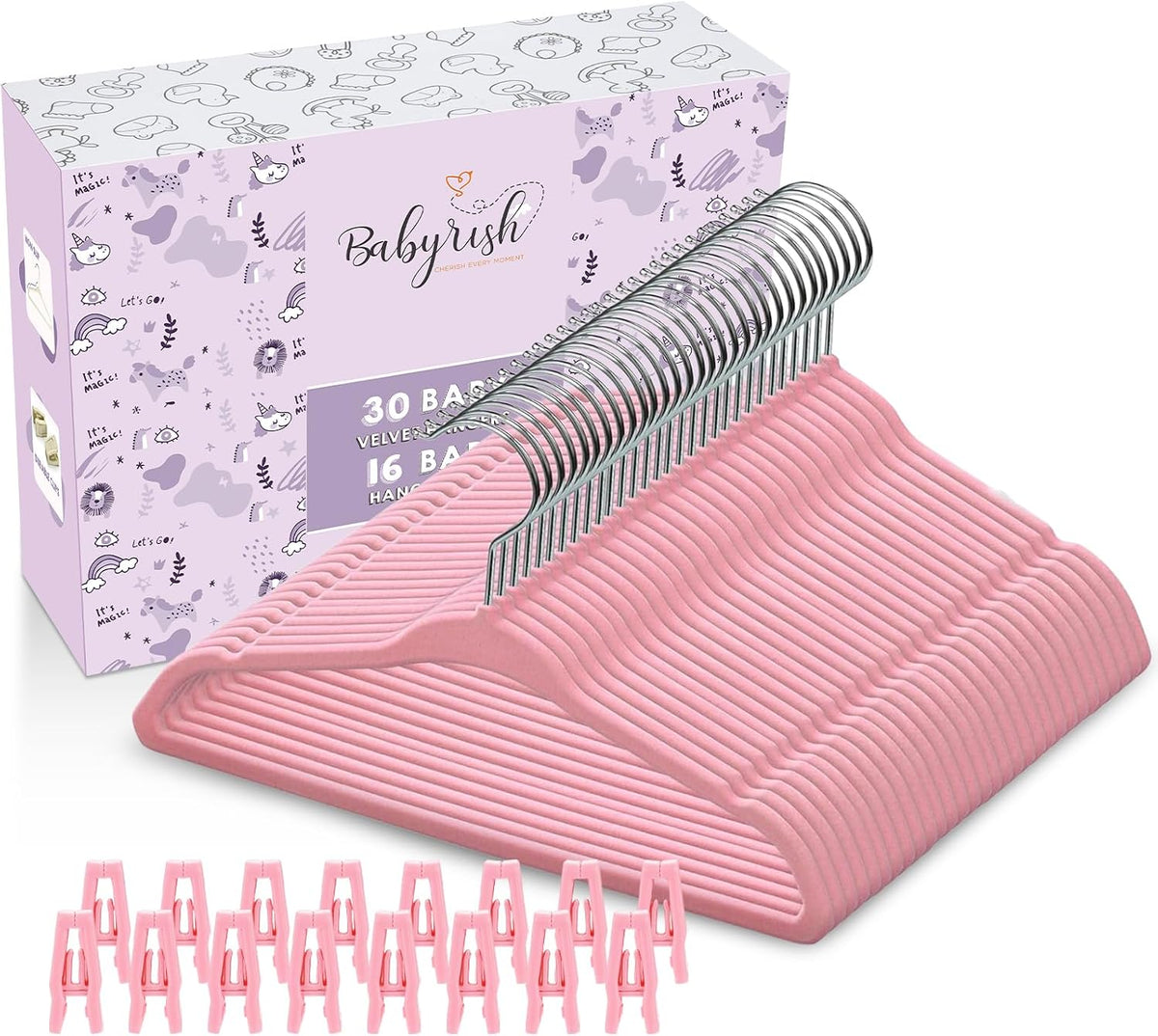 Velvet Baby Hangers with Clips (30 Pack) | 11” Ultra-Slim Baby Clothes Hangers | Non-Slip Felt | Space-Saving Nursery & Infant Closet Organizer | Pink