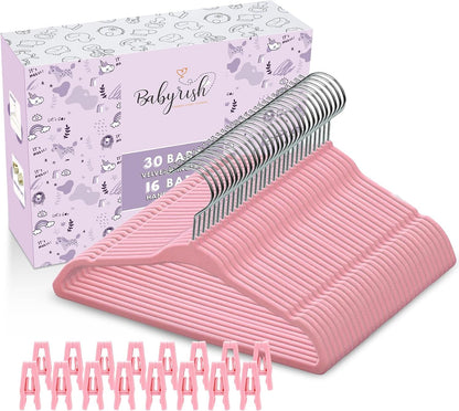 Velvet Baby Hangers with Clips (30 Pack) | 11” Ultra-Slim Baby Clothes Hangers | Non-Slip Felt | Space-Saving Nursery & Infant Closet Organizer | Pink