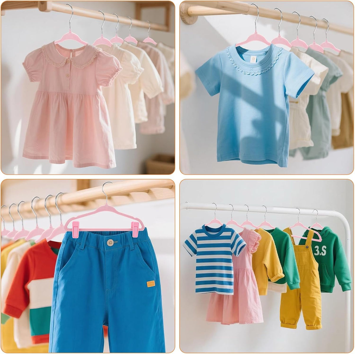 Velvet Baby Hangers with Clips (30 Pack) | 11” Ultra-Slim Baby Clothes Hangers | Non-Slip Felt | Space-Saving Nursery & Infant Closet Organizer | Pink