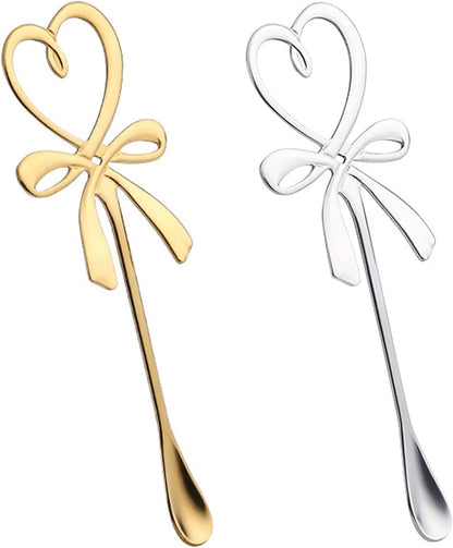 A pair Peach Heart Bow Shape Teaspoons 5.5" Coffee Spoons Stainless Steel Sugar Demitasse Espresso Spoons For travel (Gold and Silver)