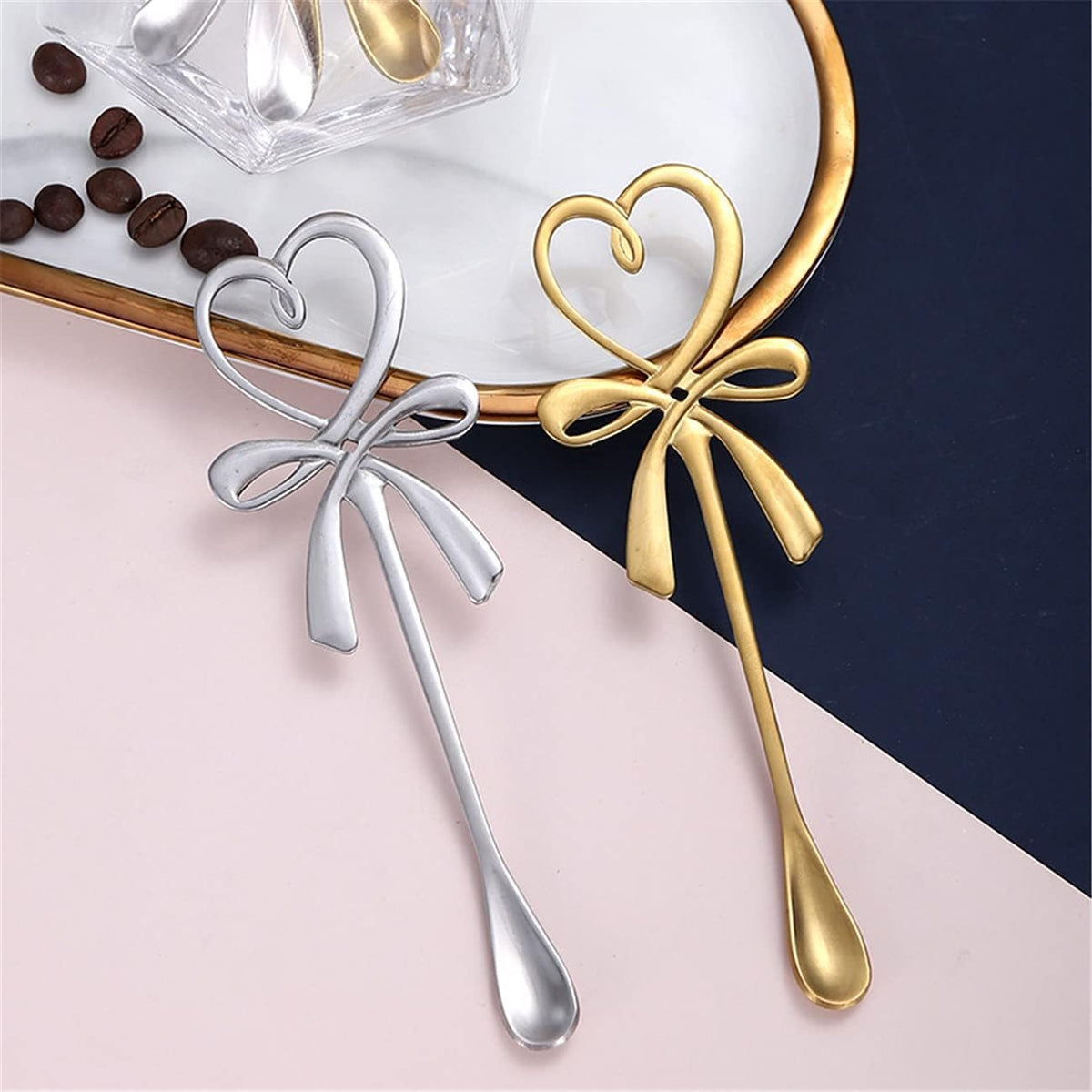 A pair Peach Heart Bow Shape Teaspoons 5.5" Coffee Spoons Stainless Steel Sugar Demitasse Espresso Spoons For travel (Gold and Silver)