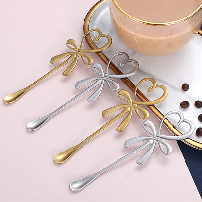 A pair Peach Heart Bow Shape Teaspoons 5.5" Coffee Spoons Stainless Steel Sugar Demitasse Espresso Spoons For travel (Gold and Silver)