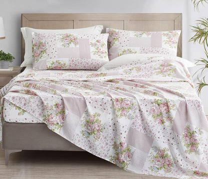 Rosy 4-Piece Floral Patchwork Cotton Sheet Set Queen - Ivory Green Pink Flower Polka Dot Floral Patchwork Printed 100% Cotton Bed Sheets
