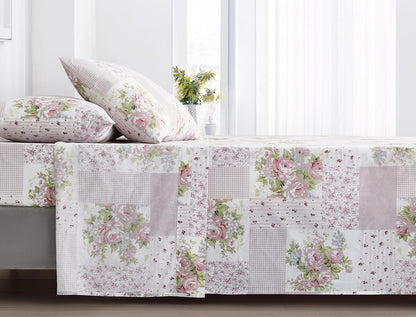 Rosy 4-Piece Floral Patchwork Cotton Sheet Set Queen - Ivory Green Pink Flower Polka Dot Floral Patchwork Printed 100% Cotton Bed Sheets