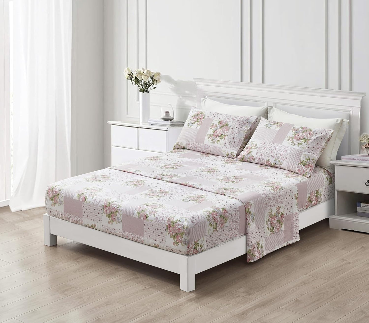 Rosy 4-Piece Floral Patchwork Cotton Sheet Set Queen - Ivory Green Pink Flower Polka Dot Floral Patchwork Printed 100% Cotton Bed Sheets