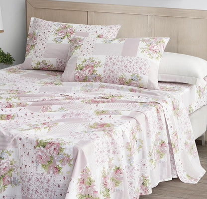 Rosy 4-Piece Floral Patchwork Cotton Sheet Set Queen - Ivory Green Pink Flower Polka Dot Floral Patchwork Printed 100% Cotton Bed Sheets