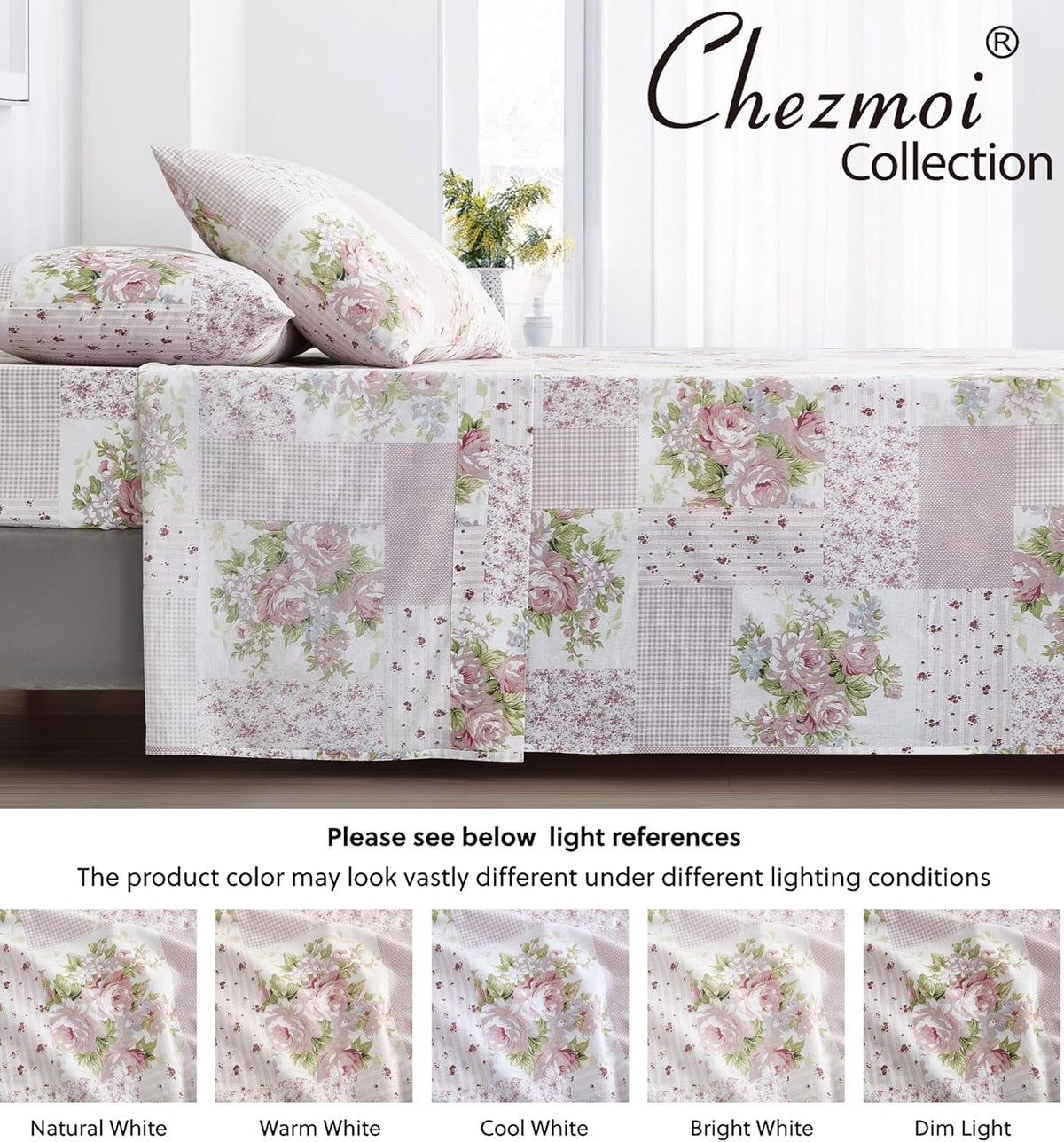 Rosy 4-Piece Floral Patchwork Cotton Sheet Set Queen - Ivory Green Pink Flower Polka Dot Floral Patchwork Printed 100% Cotton Bed Sheets