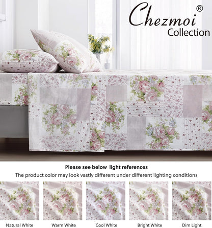 Rosy 4-Piece Floral Patchwork Cotton Sheet Set Queen - Ivory Green Pink Flower Polka Dot Floral Patchwork Printed 100% Cotton Bed Sheets