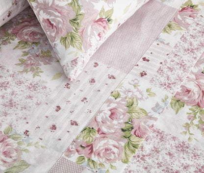 Rosy 4-Piece Floral Patchwork Cotton Sheet Set Queen - Ivory Green Pink Flower Polka Dot Floral Patchwork Printed 100% Cotton Bed Sheets