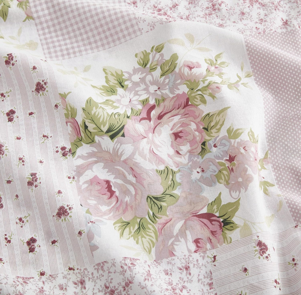 Rosy 4-Piece Floral Patchwork Cotton Sheet Set Queen - Ivory Green Pink Flower Polka Dot Floral Patchwork Printed 100% Cotton Bed Sheets