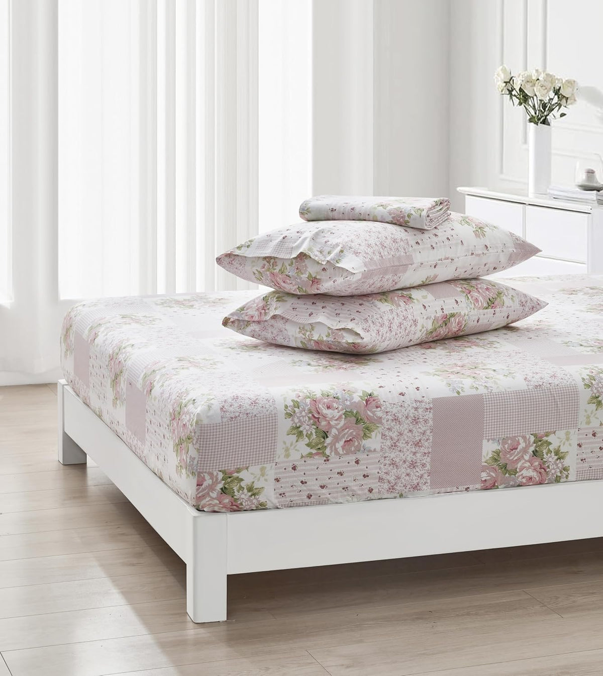 Rosy 4-Piece Floral Patchwork Cotton Sheet Set Queen - Ivory Green Pink Flower Polka Dot Floral Patchwork Printed 100% Cotton Bed Sheets