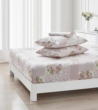 Rosy 4-Piece Floral Patchwork Cotton Sheet Set Queen - Ivory Green Pink Flower Polka Dot Floral Patchwork Printed 100% Cotton Bed Sheets