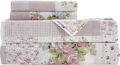 Rosy 4-Piece Floral Patchwork Cotton Sheet Set Queen - Ivory Green Pink Flower Polka Dot Floral Patchwork Printed 100% Cotton Bed Sheets